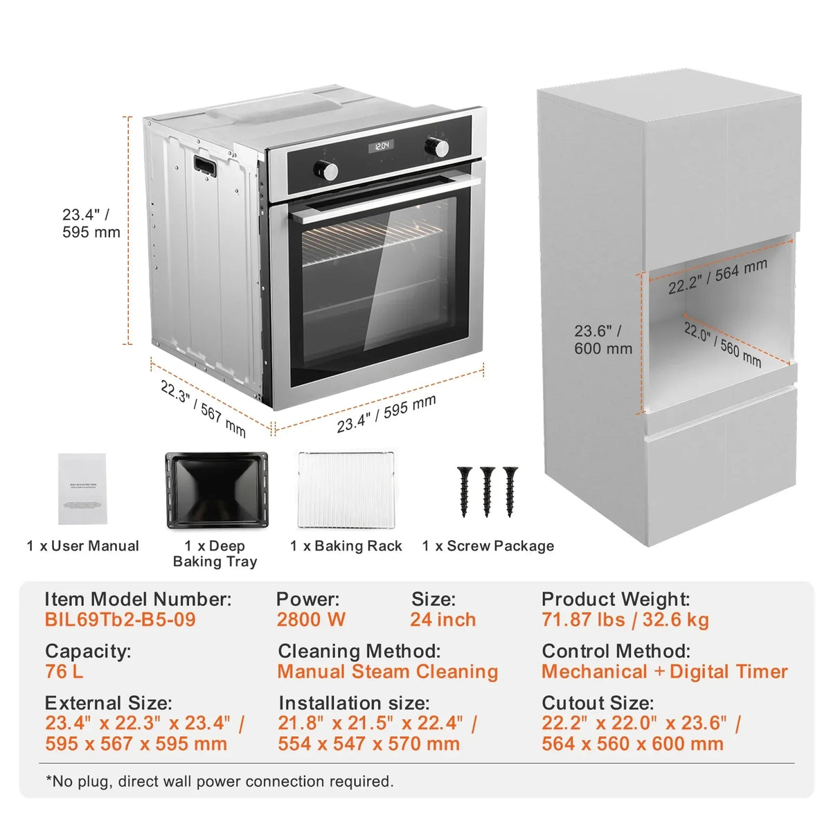 2026 NewKFFKFF Single Wall Oven, 24" Electric Oven for Built-in Installation, Offers 9 Cooking Modes, 2.68 Cu.Ft Capacity, Includes Timer, 2800W Power