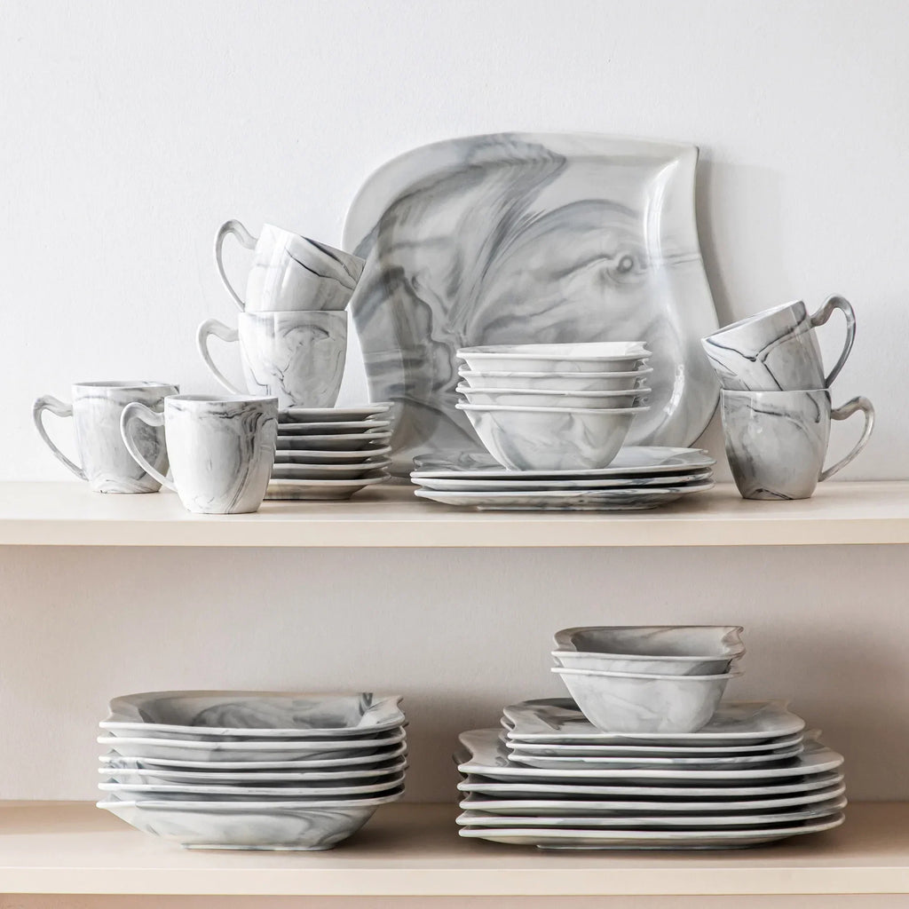 2026 Newvancasso 36 pcs Dinnerware Sets, Plates and Bowls Set for 6, Porcelain Dinner Set, Marble Gray