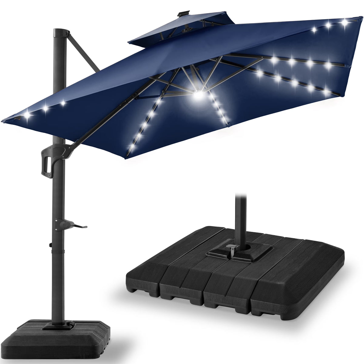 2026 NewBest Choice Products 10x10ft 2-Tier Square Outdoor Solar LED Cantilever Patio Umbrella w/ Base Included - Tan