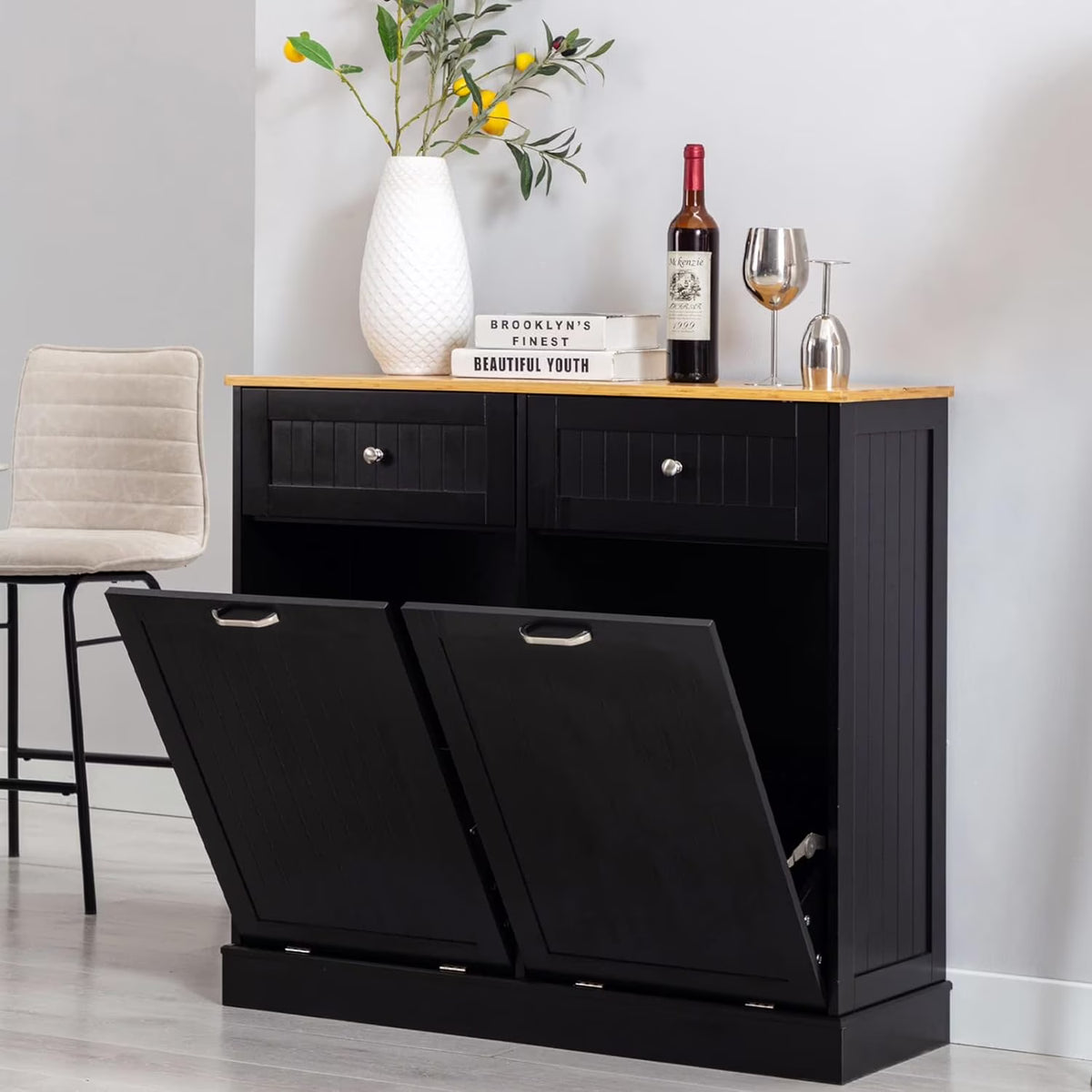 2026 NewHlivelood Double Trash Cabinet Tilt Out 20 Gallon, Pet Proof Kitchen Trash Cabinet Laundry Hamper with Cutting Board, Wood Garbage Recycling Station Hideaway Trash Holder Drawers