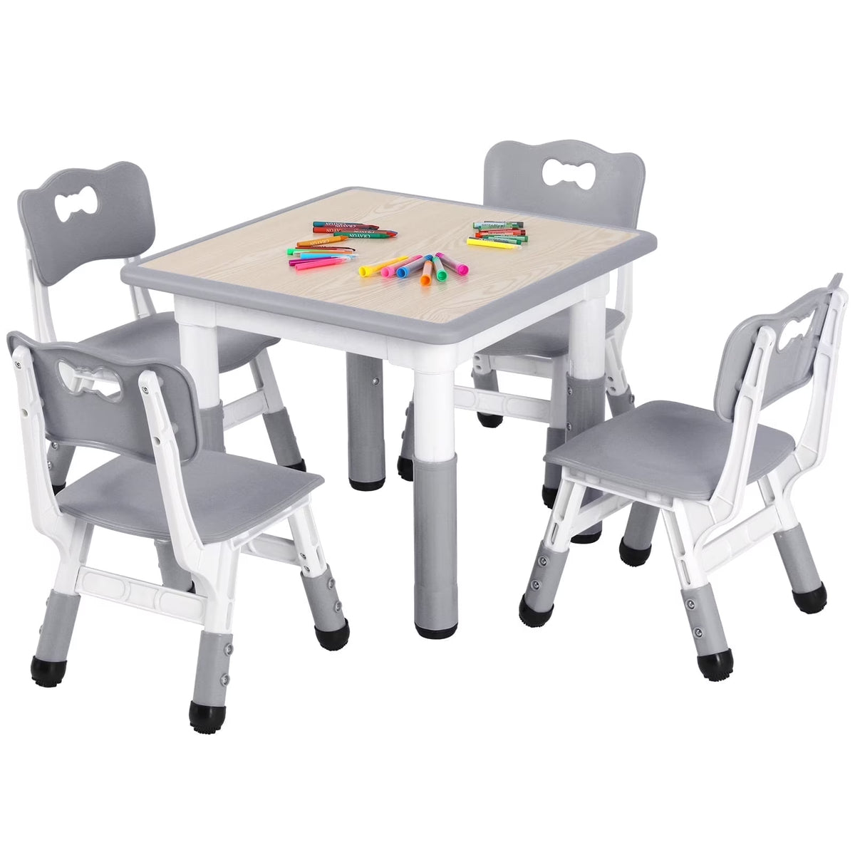 2026 NewArlopu 5 Pcs Kids Table and Chairs Set, Height Adjustable, Toddlers Activity Table & 4 Chairs Set for Study, Grey