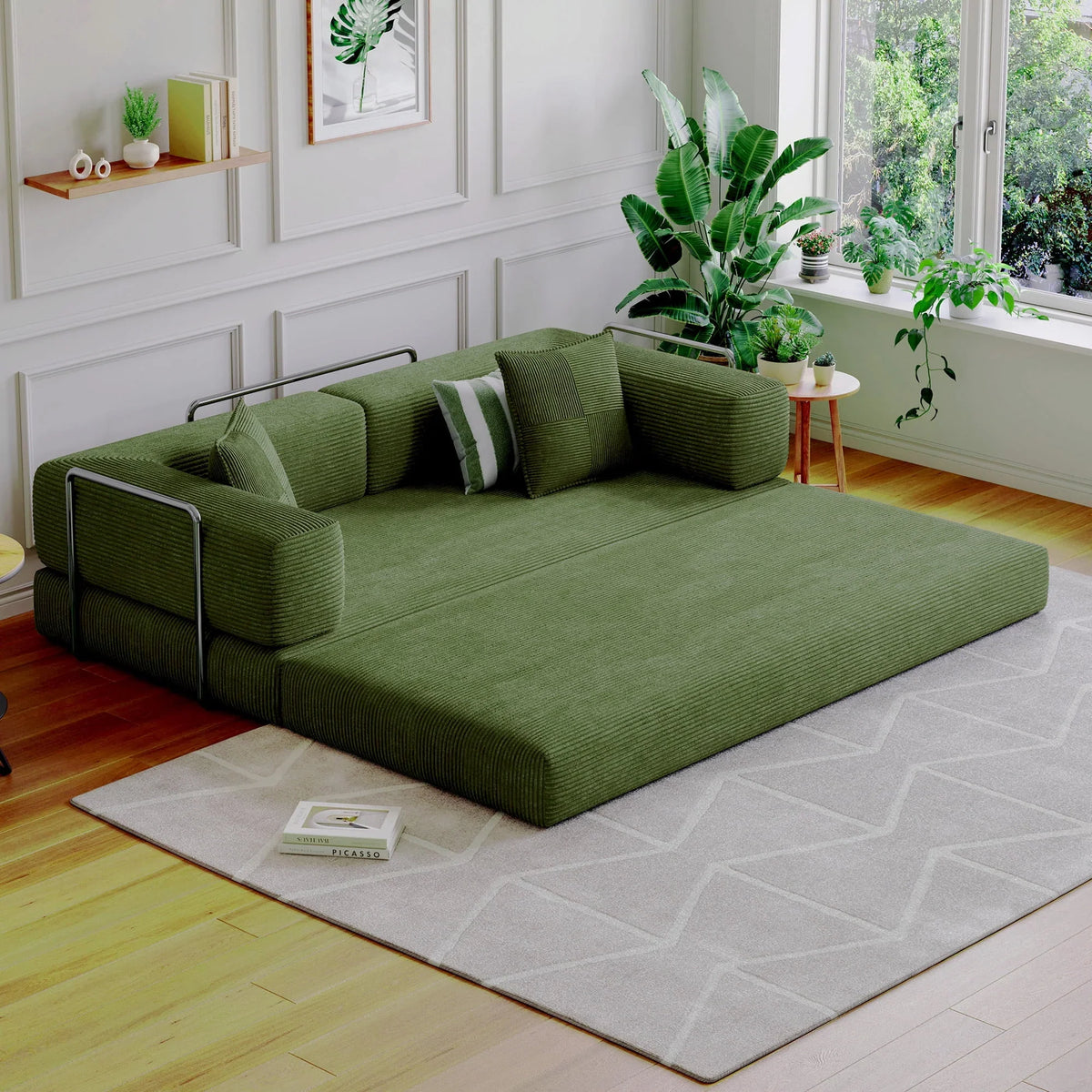 2026 NewConvertible Sleeper Sofa Bed,Compressed Floor Boneless Couch,Modular Modern Corduroy Sofa for Living Room Bedroom -with Fixed-Shape Frame and Support Armrest,Easy Assembly(Green)