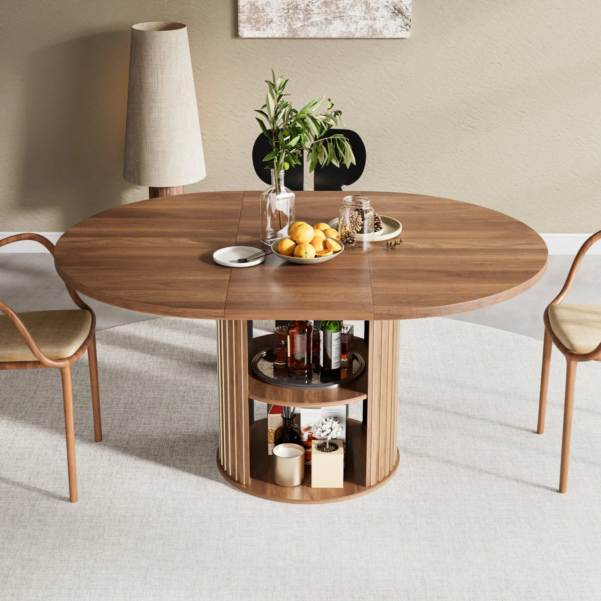 2026 NewExtendable Dining Table for 4-6, Round Kitchen Table with Storage Shelf, Oval Dining Tables for Living Room (Walnut)