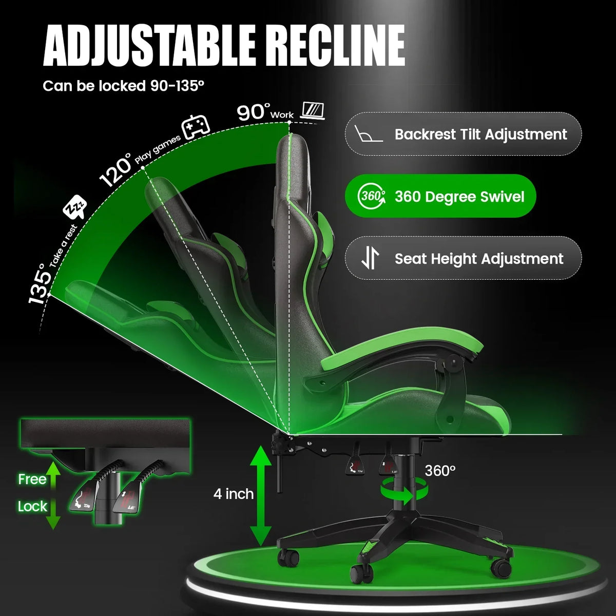 2026 NewBigzzia Gaming Chair Office Chair, Ergonomic Game Chair with Height Adjustable Headrest and Lumbar Support for Adults Teens, Black & White