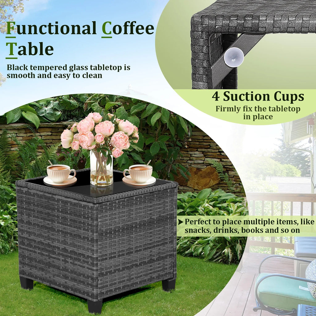 2026 NewGymax 3PCS Patio Rattan Sofa Set Outdoor Wicker Conversation Set Glass Tabletop w/ Grey Cushion