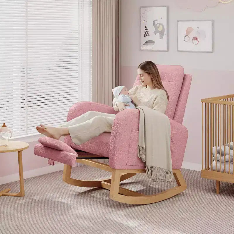 2026 Sillón mecedora deslizante tapizado con bolsillo lateral, estructura de madera, 1 plaza