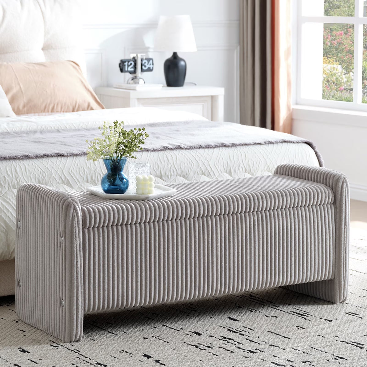 2026 NewPinmoco 44" Storage Ottoman Bench, Upholstered Entryway Bench with Storage End of Bed Bench for Bedroom& Living Room, Corduroy Gray