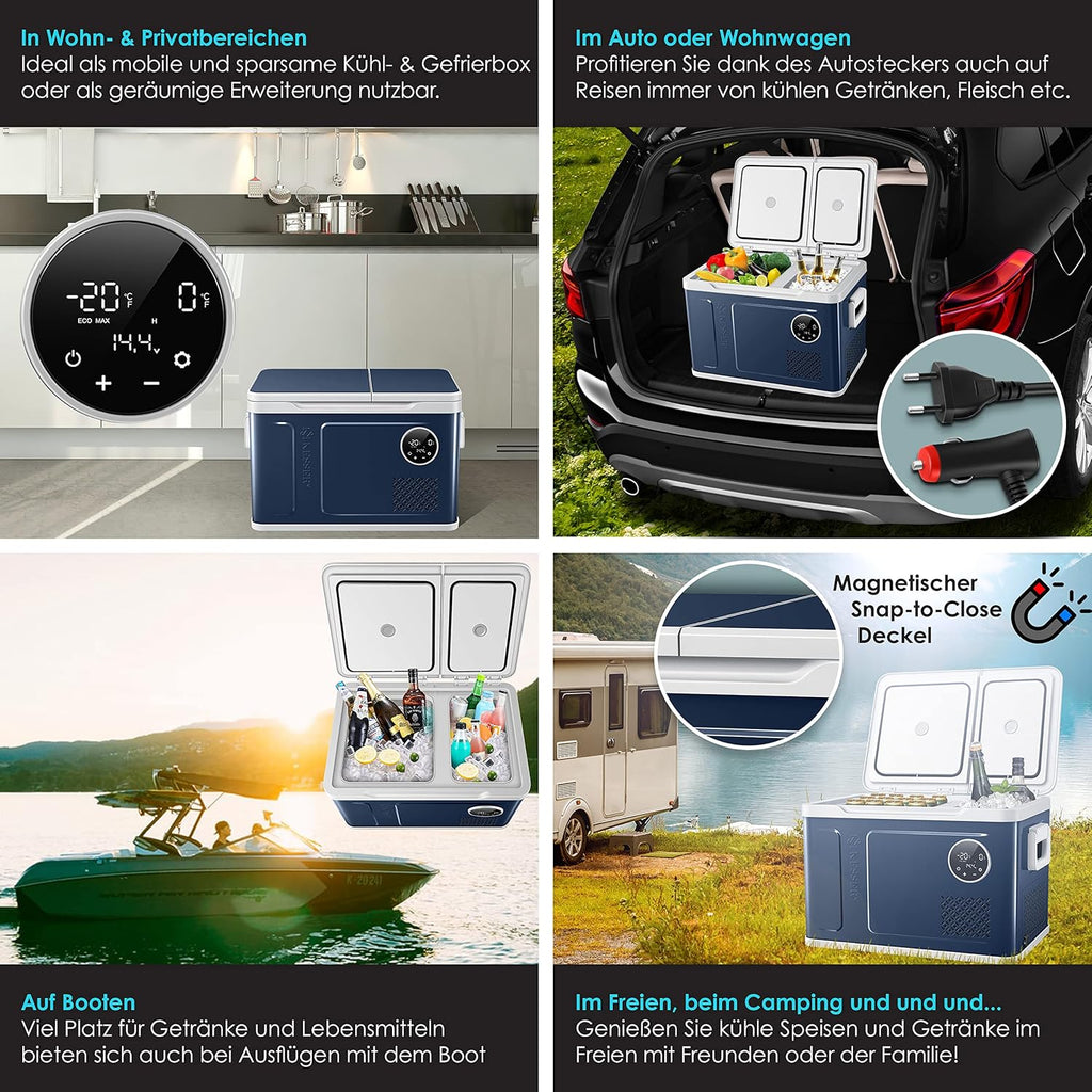 2026 Nevera portátil con compresor KESSER 2 en 1, doble zona de refrigeración y congelación, con 2 acumuladores de frío y control táctil LED | Refrigerador con capacidad de enfriamiento hasta -20 °C para camping, coche y camión, 12/24 V 230 V