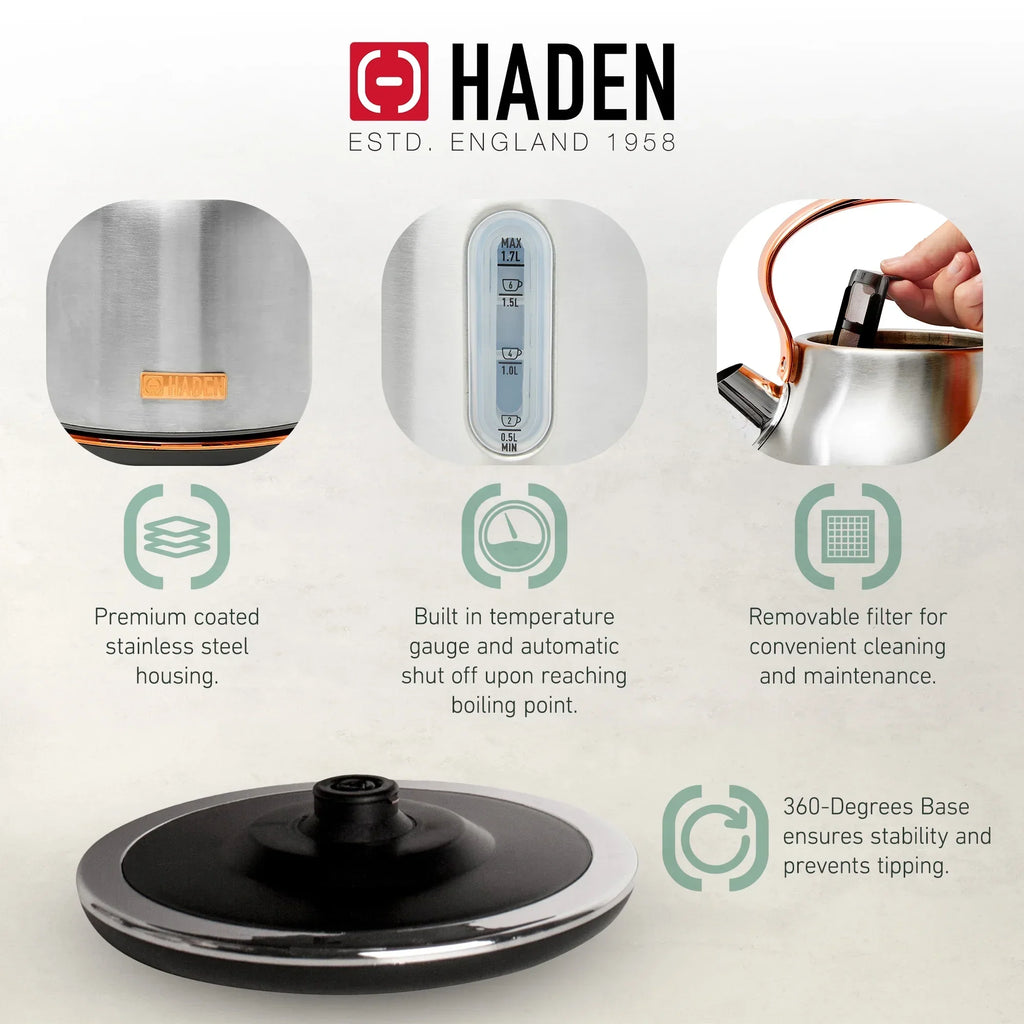 2026 NewHaden Heritage 1500 1.7 Electric Kettle, Matte Black Finish with Copper Accents
