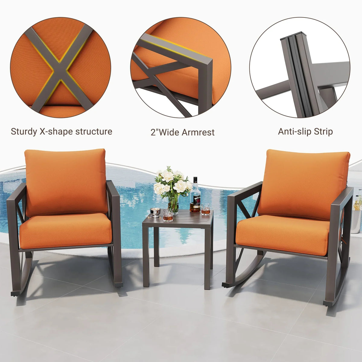2026 NewMRUAKA Rocking Chair Bistro Set,3 Piece Outdoor Patio Furniture Set with 2 Rockers and 1 Metal Coffee Table with Thick Cushions for Porch,Backyard,Poolside,Beige
