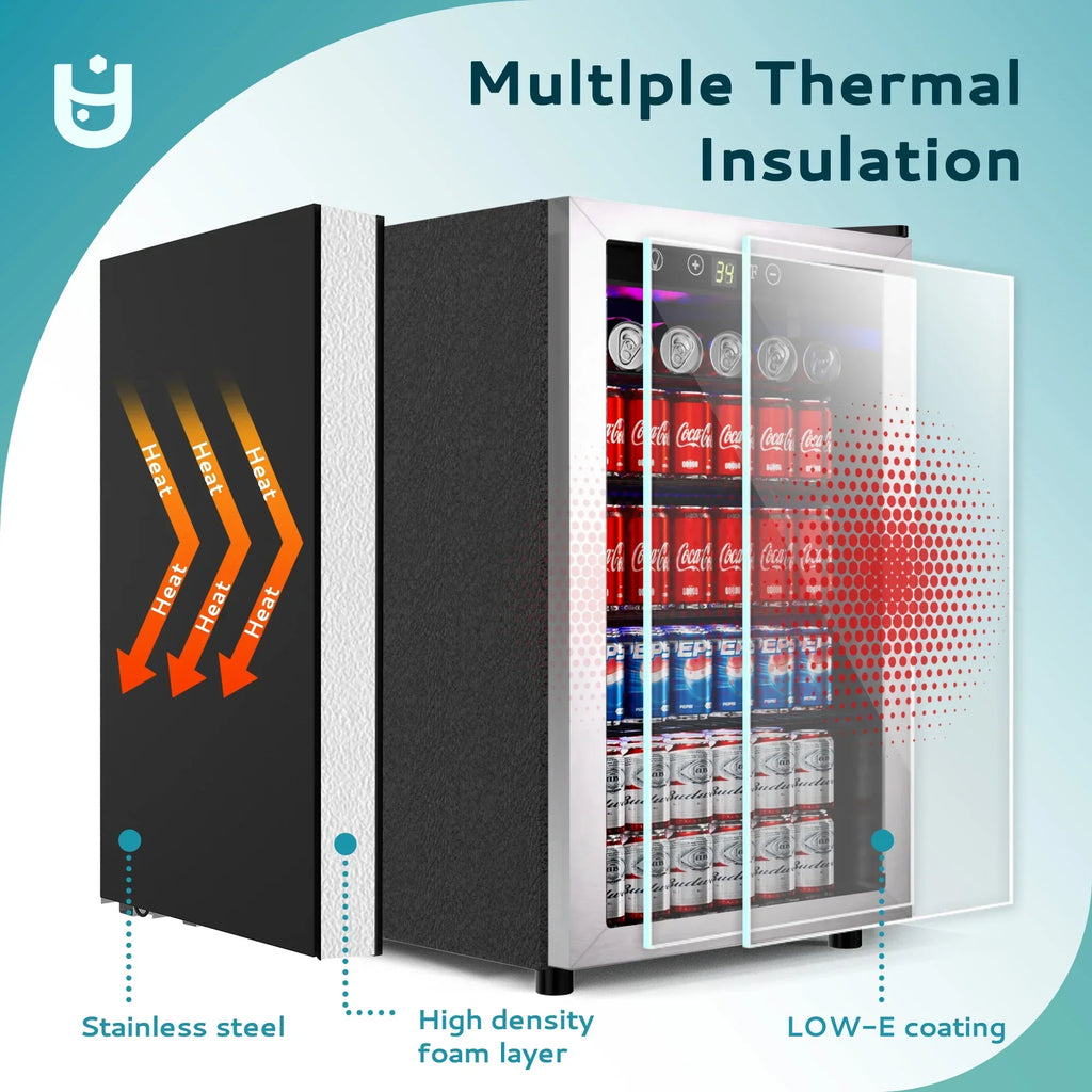 2026 NewEUHOMY 145 Can Beverage Refrigerator and Mine Cooler with Glass Door with Adjustable Shelves