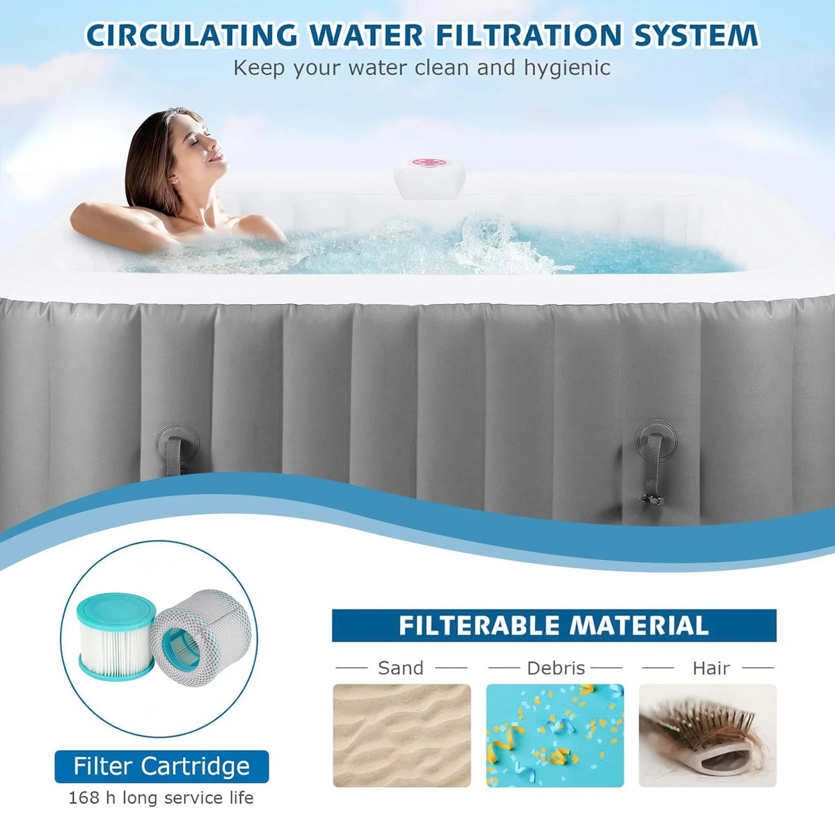 2026 New73 inch 4-6 Person Inflatable Hot Tub Spa with Control Panel, Outdoor Portable Hottub with 130 Jets, Insulated Tub Cover and Floor Protector, Temperature up to 104" F, Gray