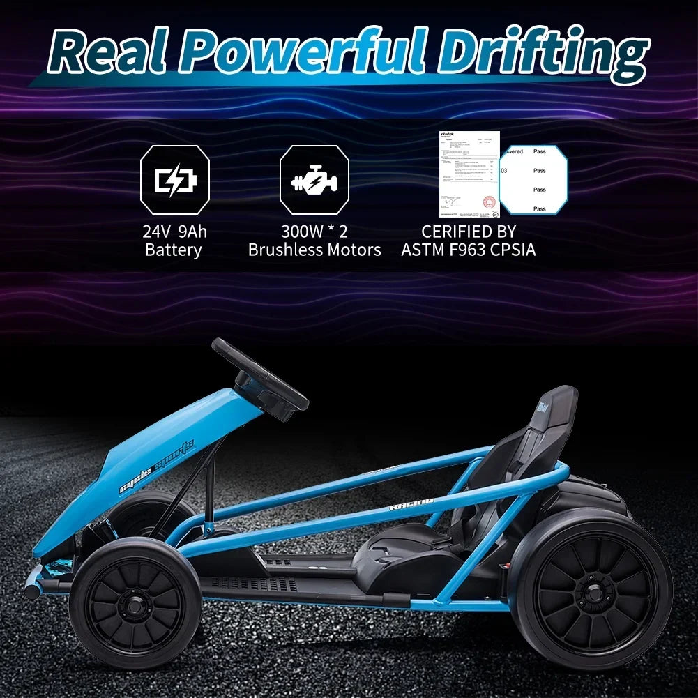 2026 NewSimzone Go Kart for Kids 24V Battery 300WX2 Motors Pedal On Foot Go Cart 8MPH High Speed Drifting Car with Slow Start Function Music Elastic Durable Tires, Blue
