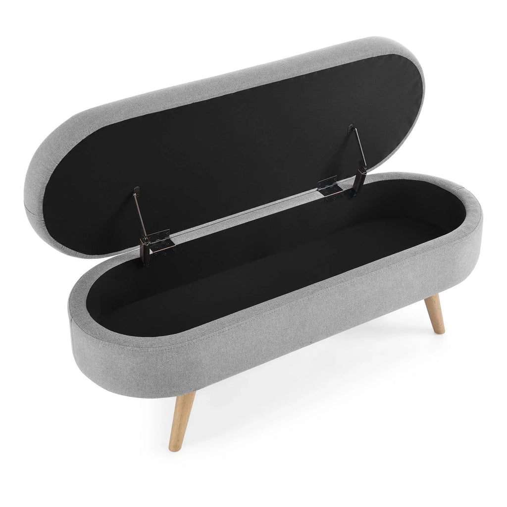 2026 New43.5" Oval Storage Ottoman Bench with Solid Wood Legs, Linen Fabric Upholstered Entryway Bench with Safety Hinge, Indoor Bench for End of Bed, Sofa Side, Entryway
