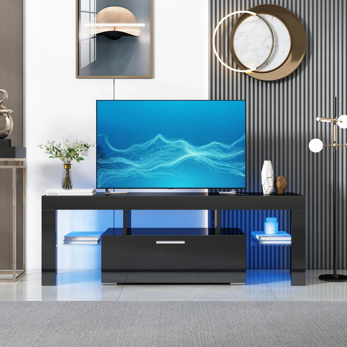 2026 NewPAPROOS TV Stand for TVs up to 70", High Gloss TV Cabinet with LED Light, Modern TV Console Table with Storage Drawers, Media Television Stand Entertainment Center, White