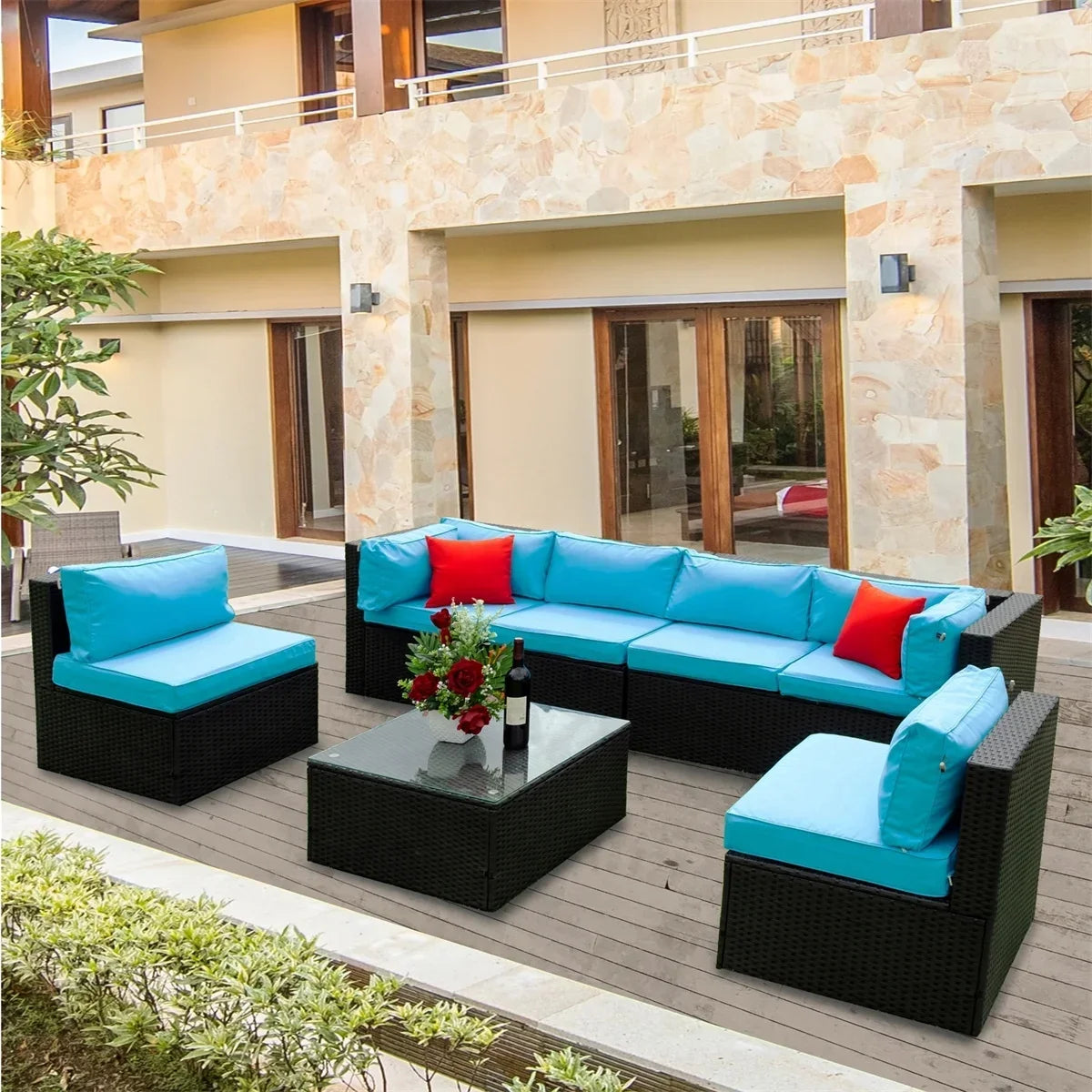 2026 New7 Piece Patio Furniture Sets Outdoor Sectional PE Rattan Outdoor Furniture Patio Conversation Set with Cushions and Glass Coffee Table, for Balcony Lawn and Garden, Gray