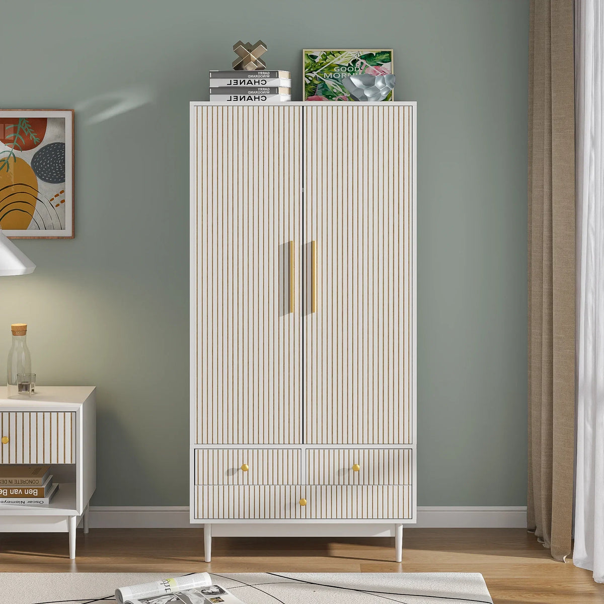2026 NewArmoire Wardrobe Closet with 2 Doors, Wardrobe Cabinet with Hanging Rod and Drawers, Wooden Closet for Bedroom, White