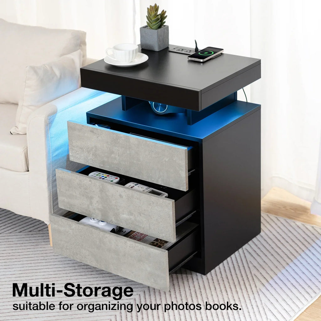 2026 NewHommpa LED Nightstand Wireless Charging Station USB Type C Outlets Bedside Table 3 Drawers Black Night Table Modern Smart Nightstand High Gloss End Side Table for Bedroom Furniture 26.8" Tall