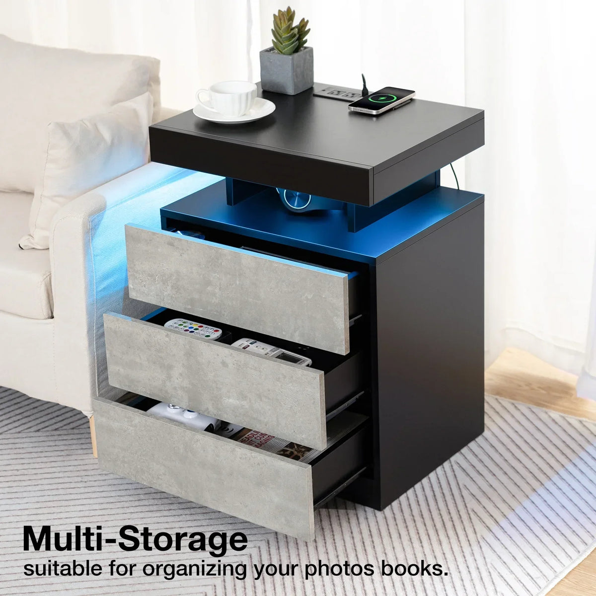 2026 NewHommpa LED Nightstand Wireless Charging Station USB Type C Outlets Bedside Table 3 Drawers Black Night Table Modern Smart Nightstand High Gloss End Side Table for Bedroom Furniture 26.8" Tall
