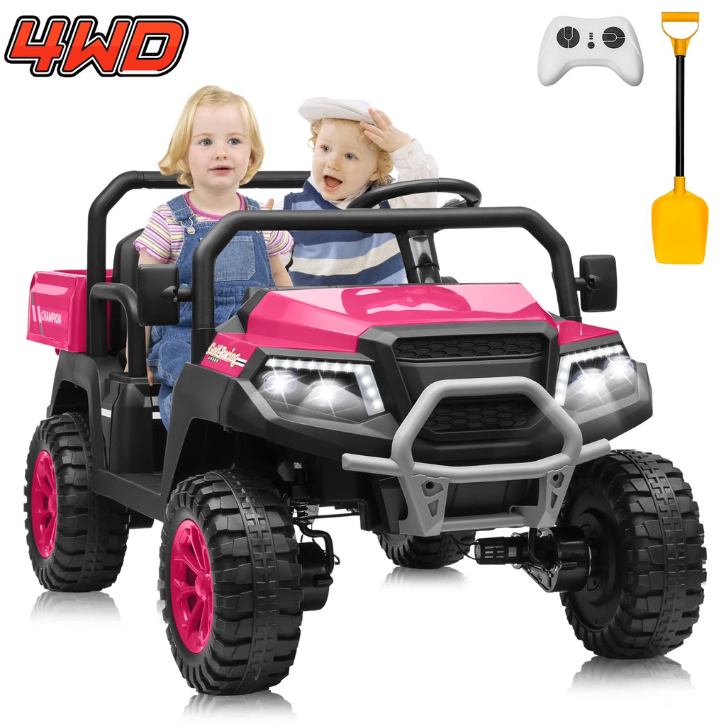 2026 NewJoyracer 4WD 24 Volt Ride on Toys UTV with 2 Seater & Remote Control, Kids Electric Golf Cart w/ 4x200W Power Motors, Tiltable Trailer & Shovel, 4 Wheels Spring Suspension, Bluetooth USB Music, Black