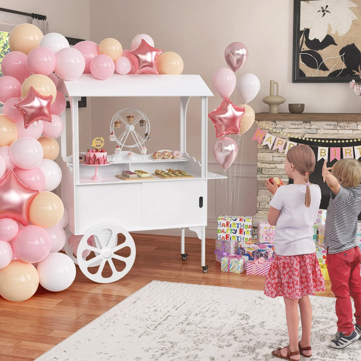 2026 NewCandy Cart with Wheels for Party，Wood Dessert Cart with Storage Cabinet