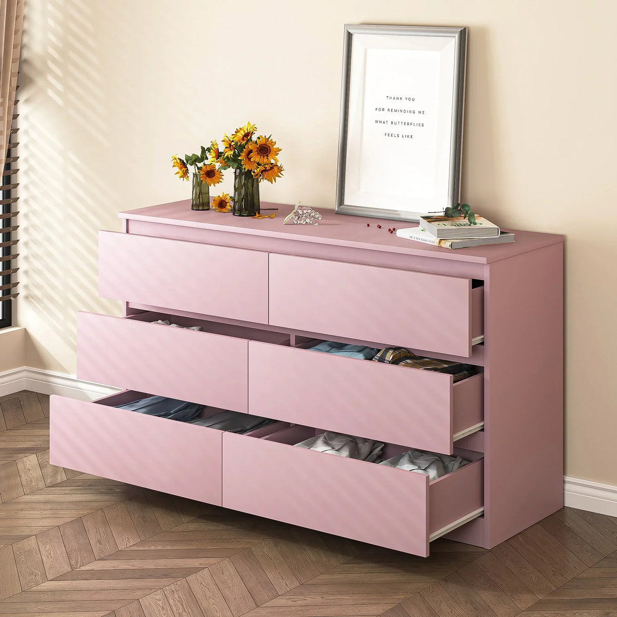 2026 NewResenkos Modern Mid Century 6 Drawer Wide Dressers Chests for Bedroom, Chest of Drawer Organizer Grey