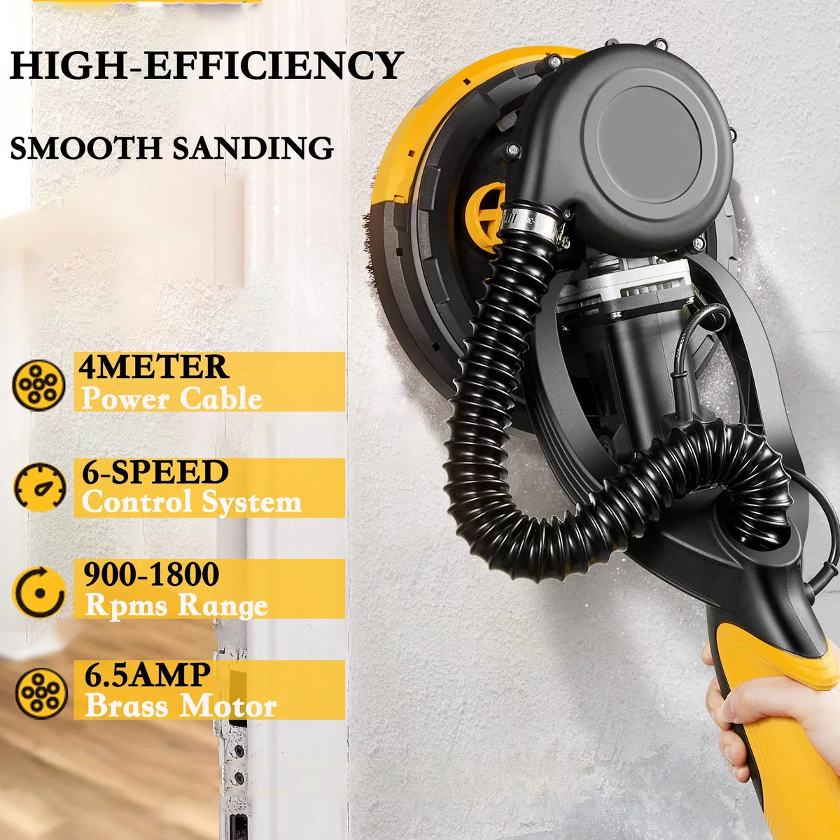 2026 NewPOVANLI 780W Electric Drywall Sander with Vacuum Dust Collection, 6.5A Motor Dustless Floor Sander with Variable Speed 900-1800RPM, LED Light, Extendable & Foldable Handle Yellow+Black