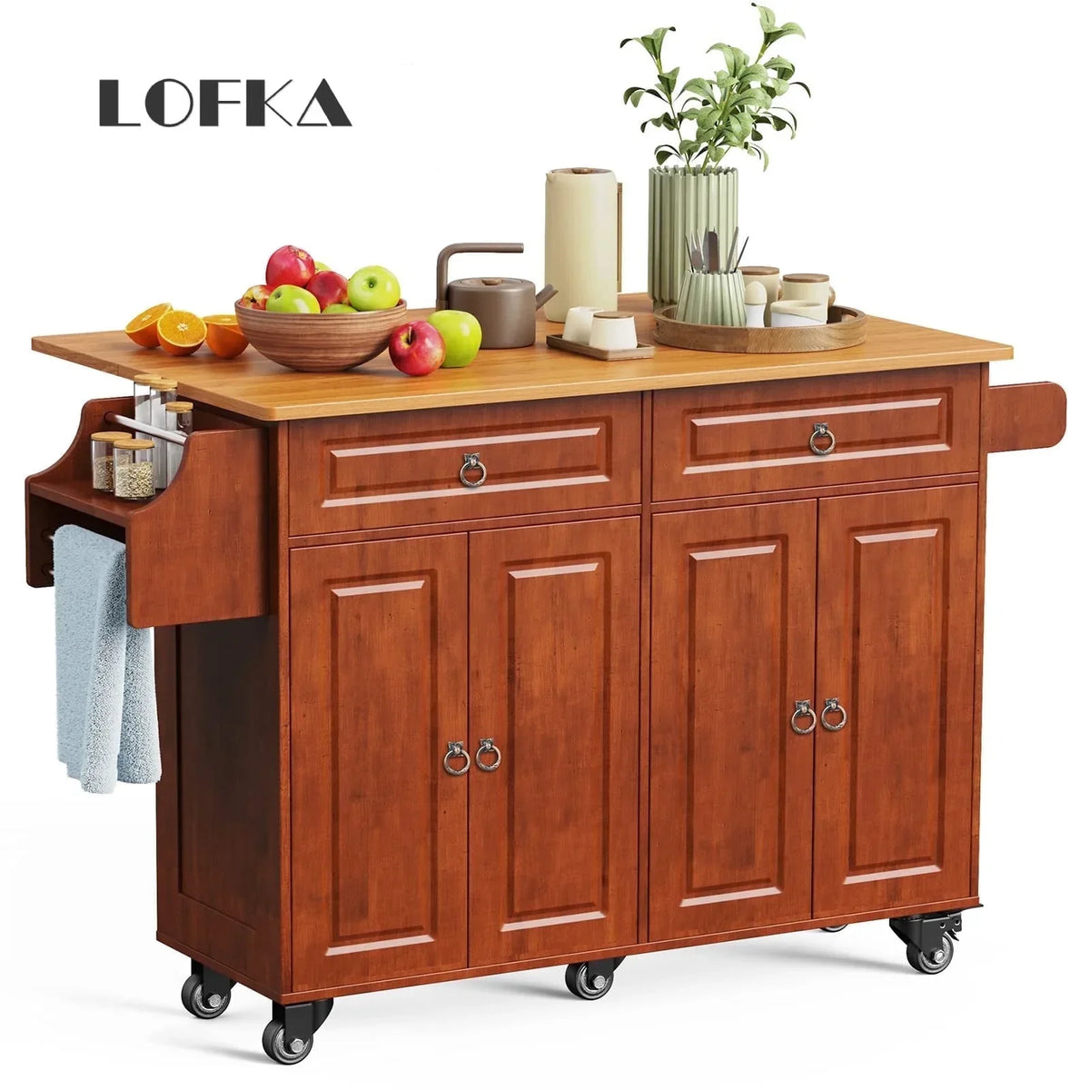 2026 NewLofka 52-Inch Kitchen Island with Storage on Wheels with Wood Drop Leaf, Ideal for Small Kitchens