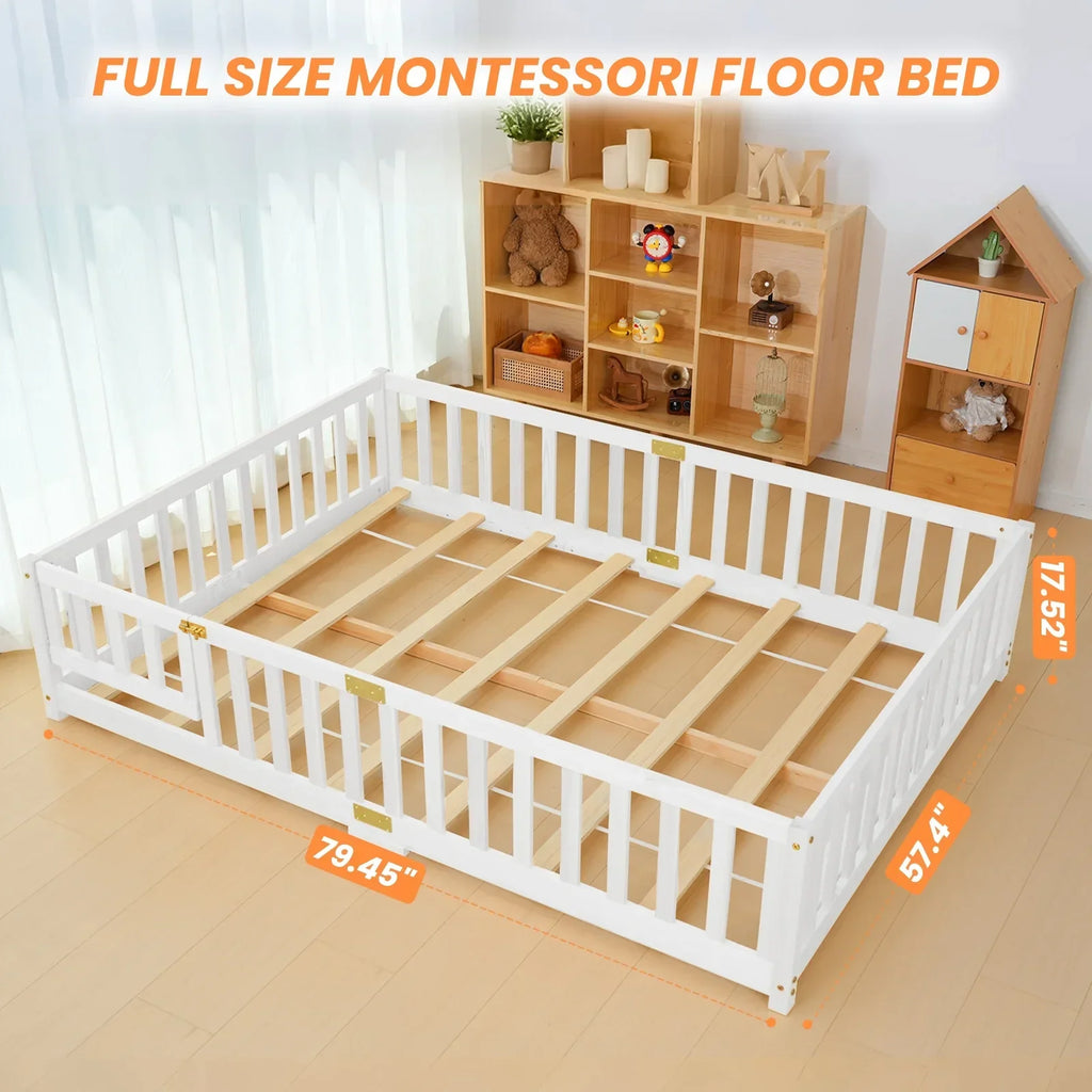 2026 NewSlsy Twin Size Toddler Floor Bed, Solid Wood Montessori Bed Frame with Fence & Door Montessori Floor Bed Crib with Safety Guardrails for Girls and Boys