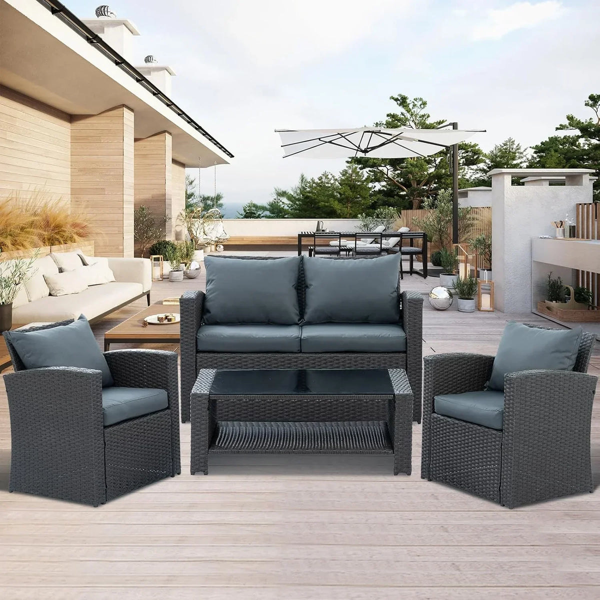 2026 New7 Piece Patio Furniture Sets Outdoor Sectional PE Rattan Outdoor Furniture Patio Conversation Set with Cushions and Glass Coffee Table, for Balcony Lawn and Garden, Gray