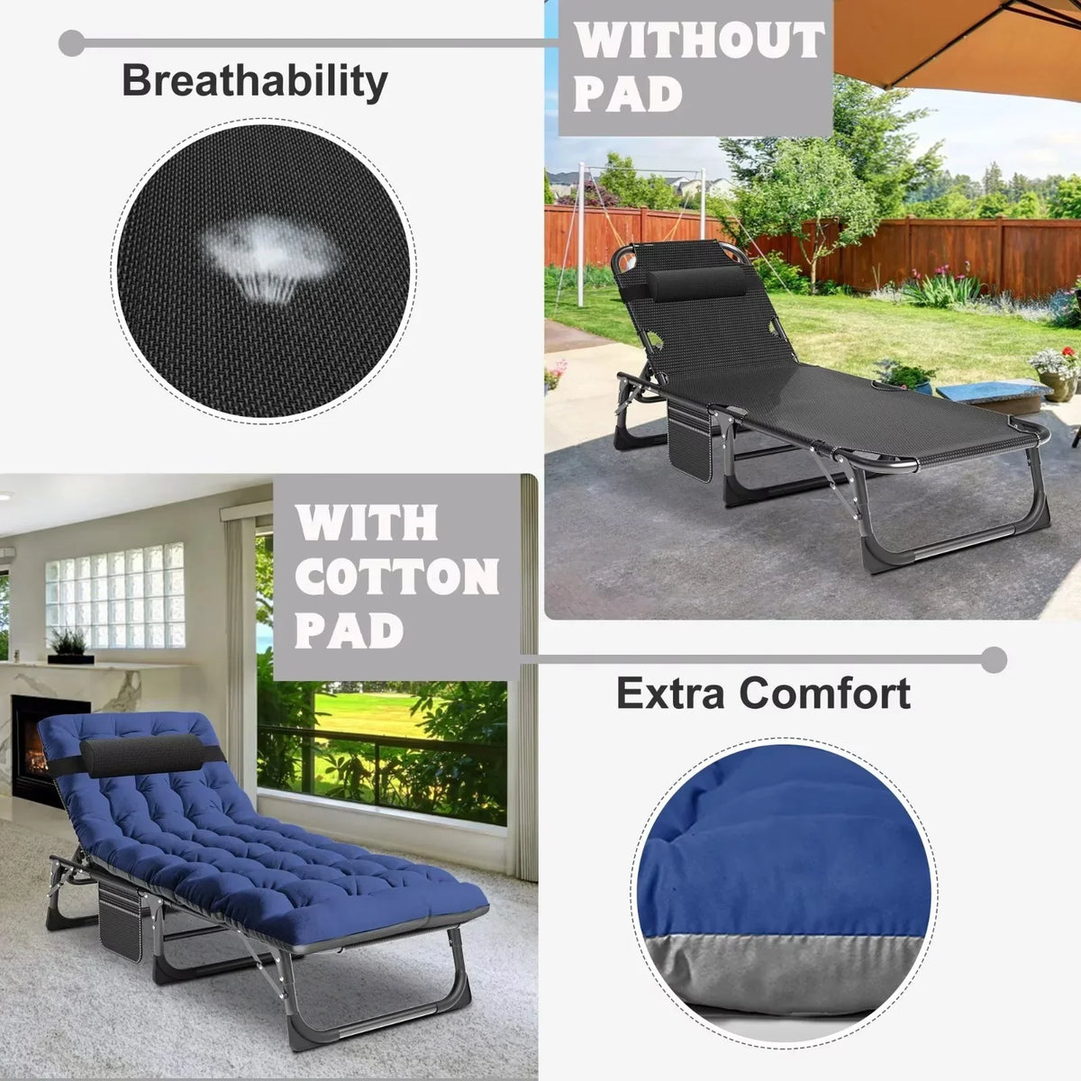2026 NewMOPHOTO Lounge Chair with Mattress, Outdoor Chaise Lounge Support 440 Lbs, Adjustable Portable Heavy Duty Sleeping Cots Bed for Camping, Pool, Beach, Patio