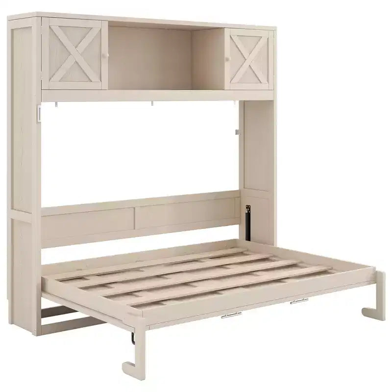 2026 Cama abatible tamaño Full con armarios de almacenamiento y estructura de madera, beige