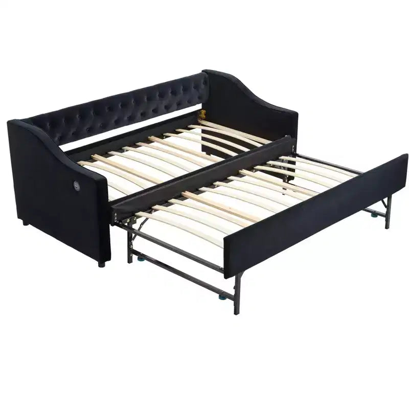 2026 Cama sofá Twin con cama nido, tapizada en terciopelo, puerto USB y bolsillos laterales - ModernLuxe