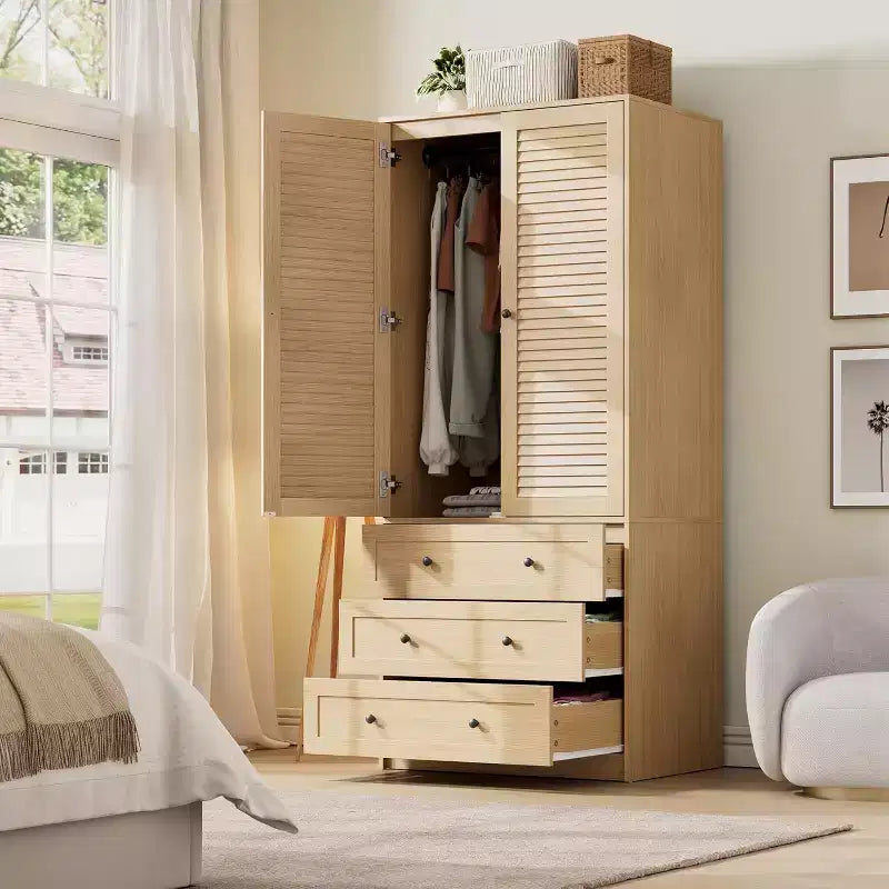 2026 Armario con puertas tipo persiana, 3 cajones, acabado teca, PB + MDF + laminado