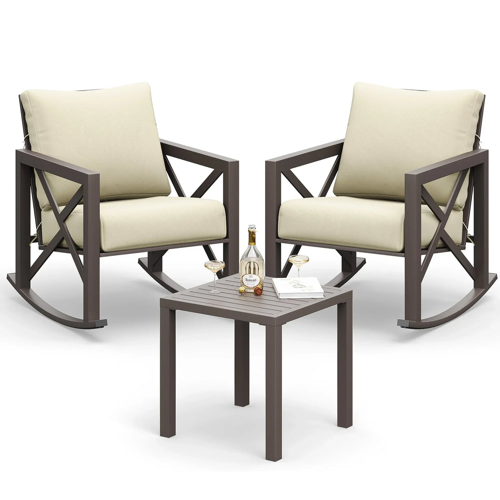 2026 NewMRUAKA Rocking Chair Bistro Set,3 Piece Outdoor Patio Furniture Set with 2 Rockers and 1 Metal Coffee Table with Thick Cushions for Porch,Backyard,Poolside,Beige