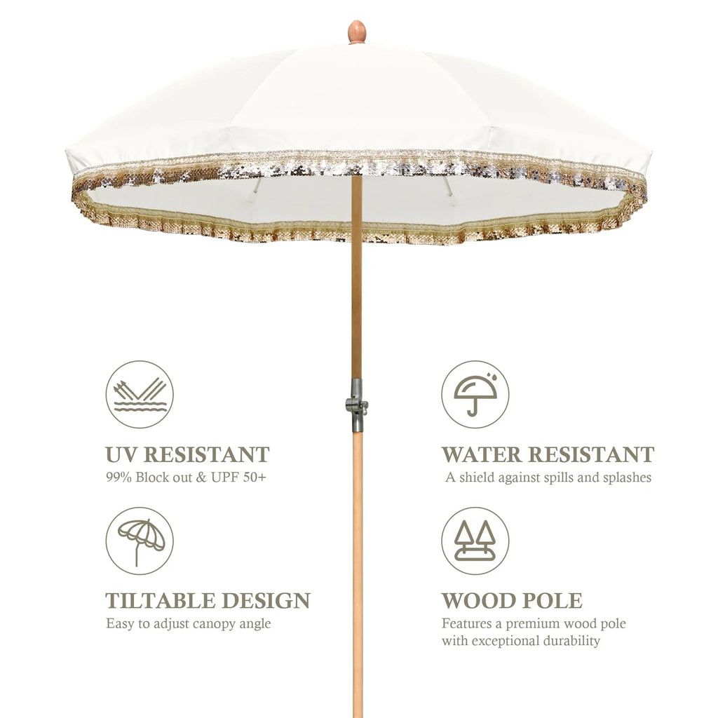 2026 NewLAGarden 6 Ft Fringe Patio Umbrella with Tassel Jazz Age Wood UPF50+ for Outdoor, Beige with gold tassel,Model: JZ6-01