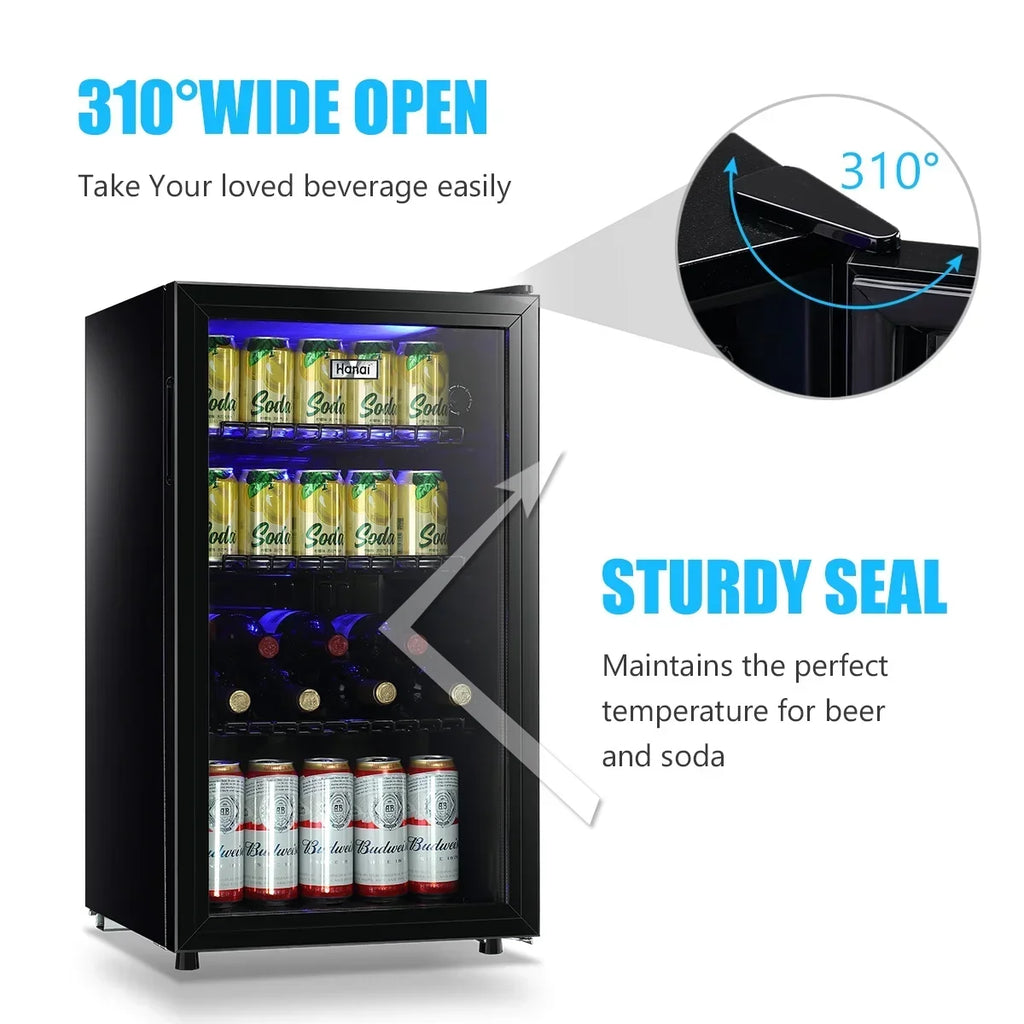 2026 NewWANAI Compact Beverage Refrigerator, 100 Can Capacity, Glass Door, Black Stainless Steel