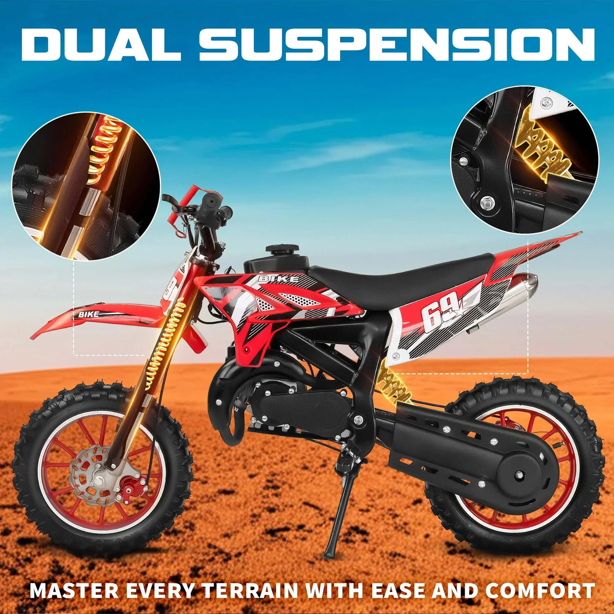 2026 NewMX moto 49CC Kids Dirt Bicycle, 2-Stroke Gas Powered Off Road Motorcycle, Tire Shock Absorber Spring Soft Seat Cushion with Front and Rear Disc Brake, Max Speed 28 MPH