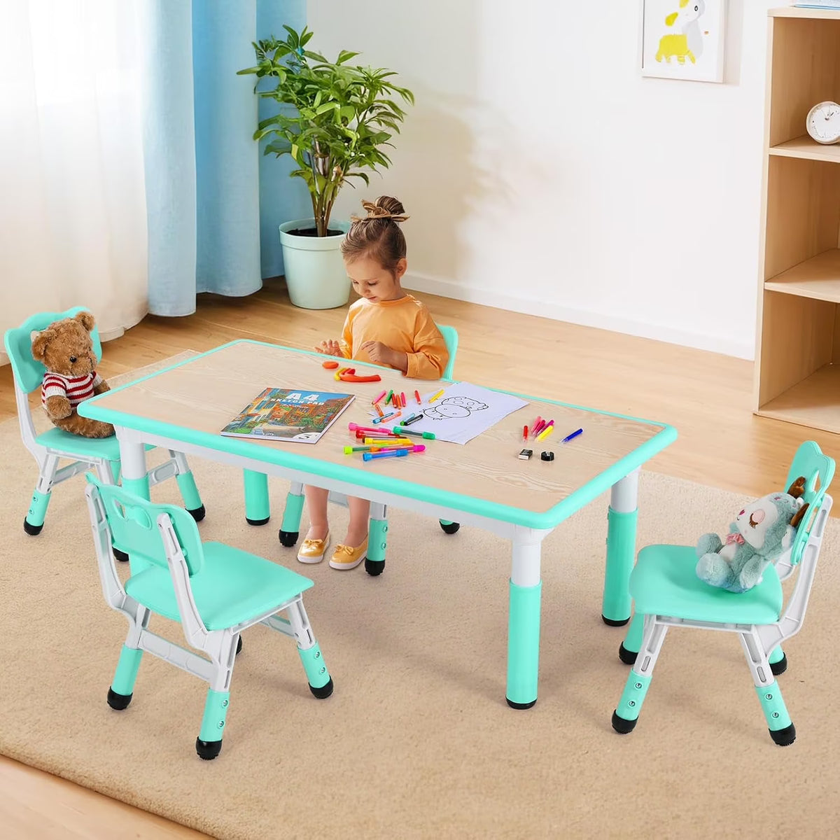 2026 NewLAZY BUDDY Kids Table and 4 Chairs Set, Height Adjustable Toddler Desk with Graffiti Desktop, Kids Activity Table Set for Daycare, Home