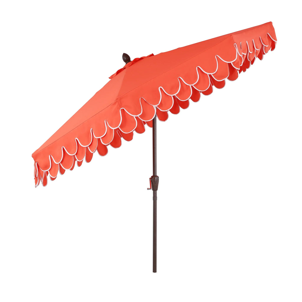 2026 NewJONATHAN Y Tracy 9 ft. Market Patio Umbrella, Classic Mid-Century Scalloped Fringe, with Auto-Tilt Crank, Wind Vent and UV Protection, Coral Pink/White, Dark Brown Pole