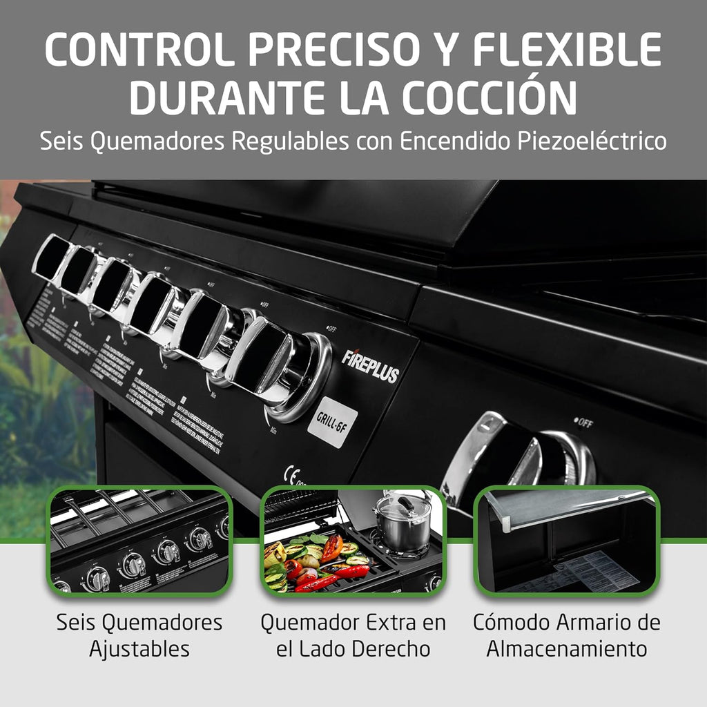 2026 Amig - Barbacoa de gas Fireplus 6 1 de 12,9 kW - Acero inoxidable Negro - Parrilla con ruedas Modelo GRILL-6F - Barbacoa XXL con carro y termómetro - 138x52x103 cm - 7 quemadores y Bandeja lateral