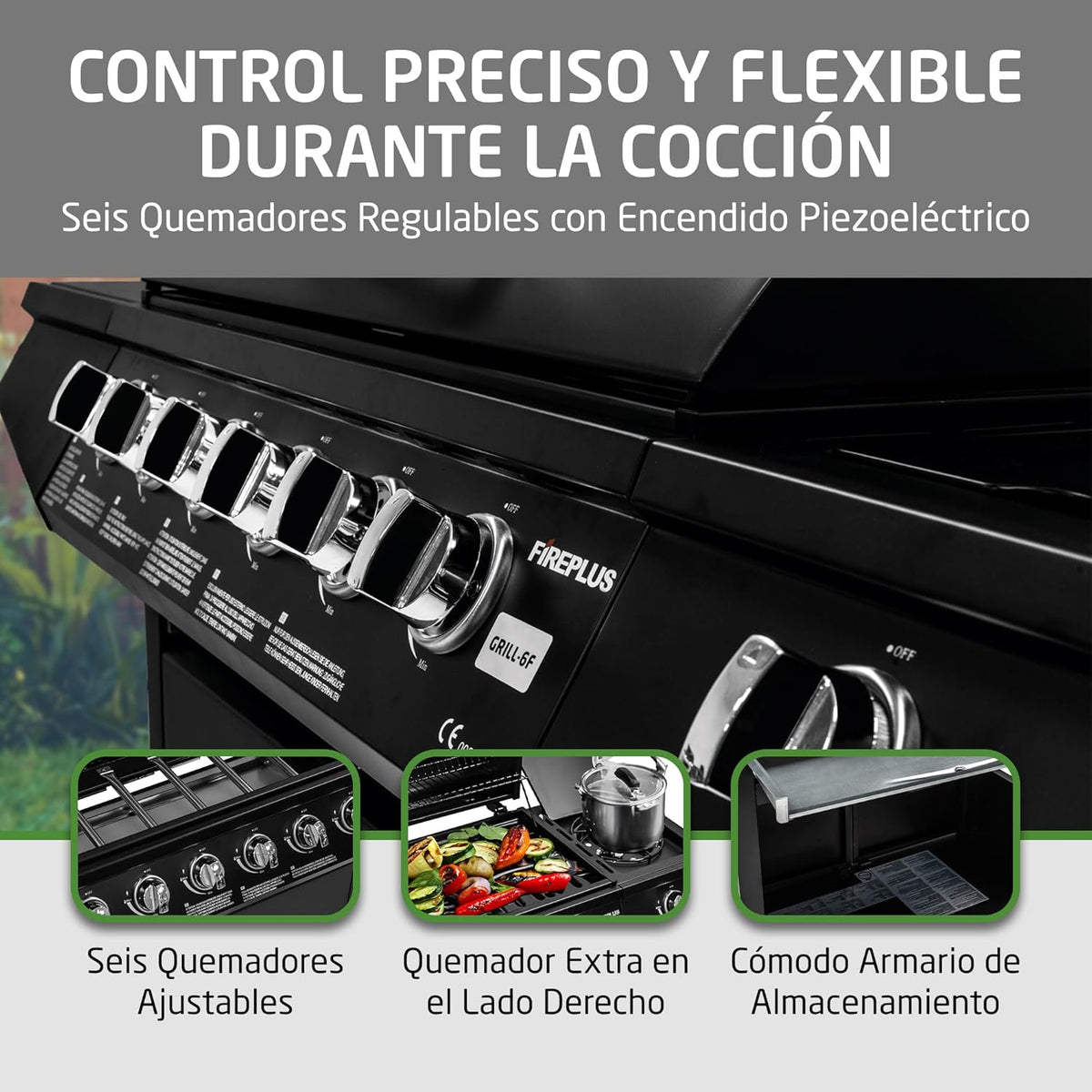 2026 Amig - Barbacoa de gas Fireplus 6 1 de 12,9 kW - Acero inoxidable Negro - Parrilla con ruedas Modelo GRILL-6F - Barbacoa XXL con carro y termómetro - 138x52x103 cm - 7 quemadores y Bandeja lateral