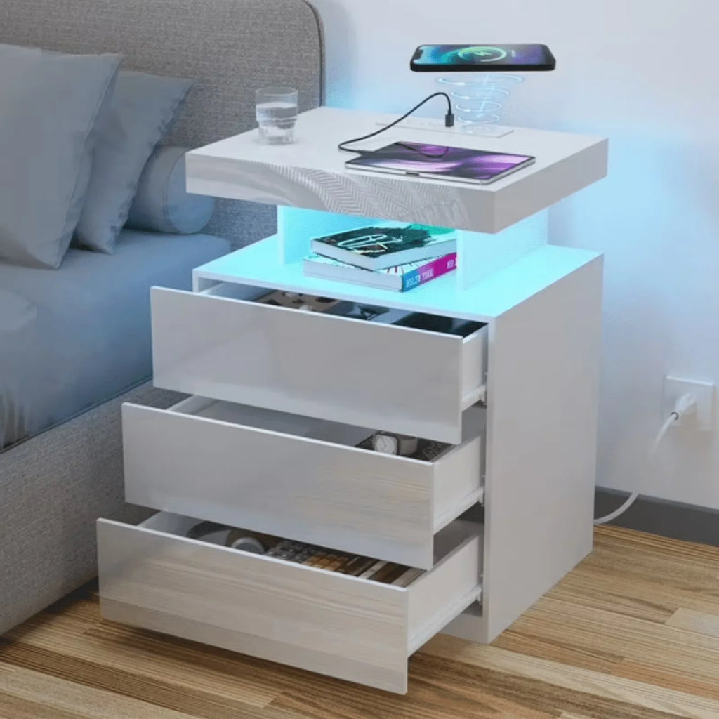 2026 NewHommpa LED Nightstand Wireless Charging Station USB Type C Outlets Bedside Table 3 Drawers Black Night Table Modern Smart Nightstand High Gloss End Side Table for Bedroom Furniture 26.8" Tall
