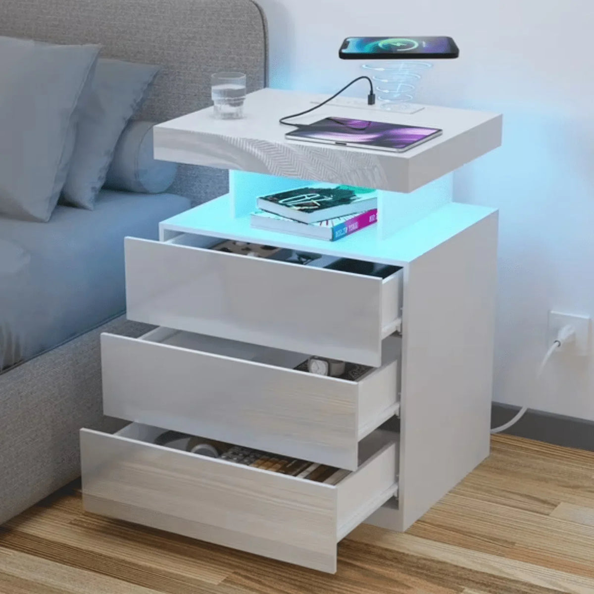 2026 NewHommpa LED Nightstand Wireless Charging Station USB Type C Outlets Bedside Table 3 Drawers Black Night Table Modern Smart Nightstand High Gloss End Side Table for Bedroom Furniture 26.8" Tall