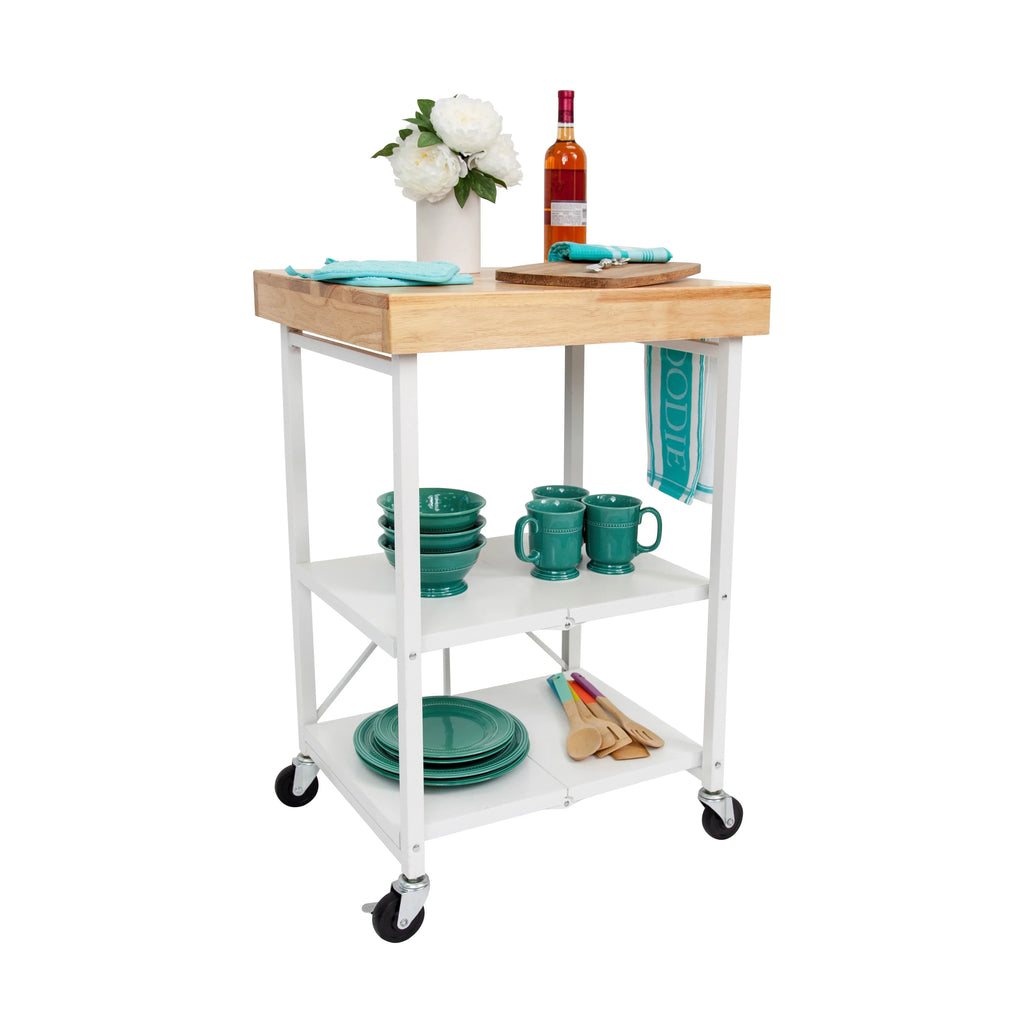2026 NewOrigami Foldable Wheeled Portable Solid Wood Top Kitchen Island Bar Cart