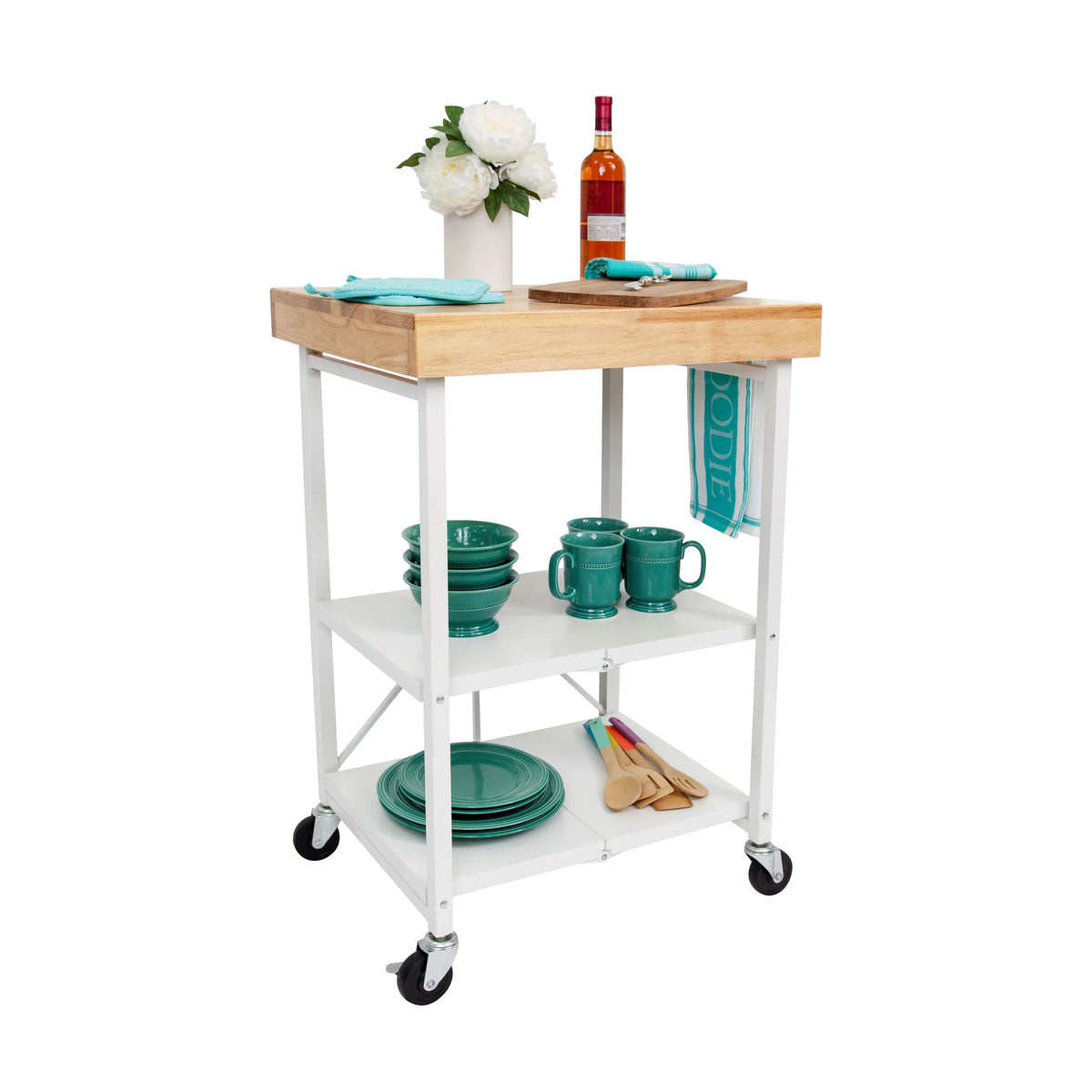 2026 NewOrigami Foldable Wheeled Portable Solid Wood Top Kitchen Island Bar Cart