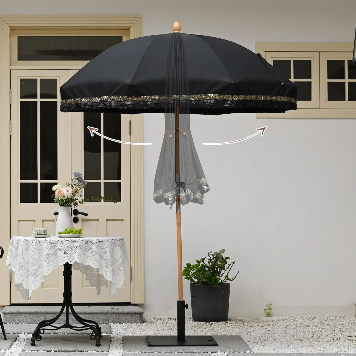 2026 NewLAGarden 6 Ft Fringe Patio Umbrella with Tassel Jazz Age Wood UPF50+ for Outdoor, Beige with gold tassel,Model: JZ6-01