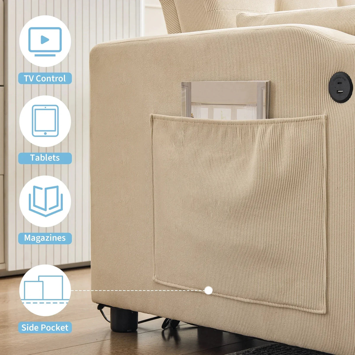2026 New3 in 1 Convertible Sleeper Sofa Bed, Corduroy Futon Couches with Pull-Out Bed, Adjustable Backrest, Charging Port & Side Pockets, Modern Upholstered Sofa for Living Room, Guest Room
