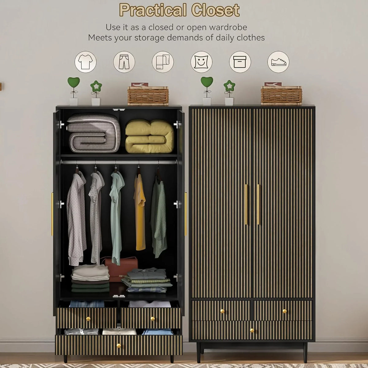 2026 NewOubayajia Wardrobe Armoire Closet, 2 Fluted Doors Wardrobe Cabinet with 3-Drawer and Hanging Rod, Wood Wardrobe Storage for Bedroom