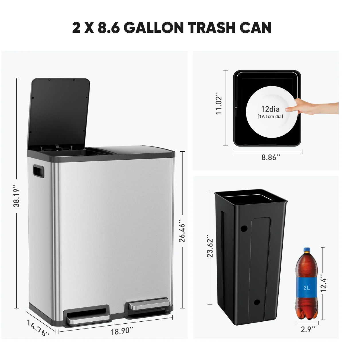 2026 NewEDX 2 x 8.3 Gallon Dual Garbage Recycle Trash Can with Lid, Inner Buckets for Kitchen, Stainless Steel, Sliver